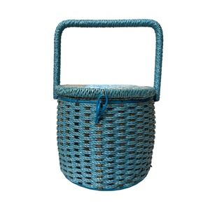 Vintage‎ Woven Sewing Basket Purse Handbag Blue Floral Cottagecore Retro